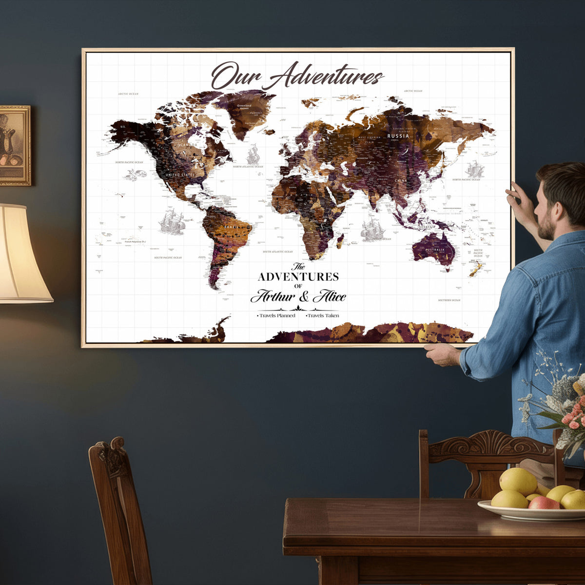 95729279-MGV-CV-36X24 - Personalized Framed Beige Vintage Push Pin Travel Map Canvas Print, Next Trip Planner Map, Home Office and Entryway Decor