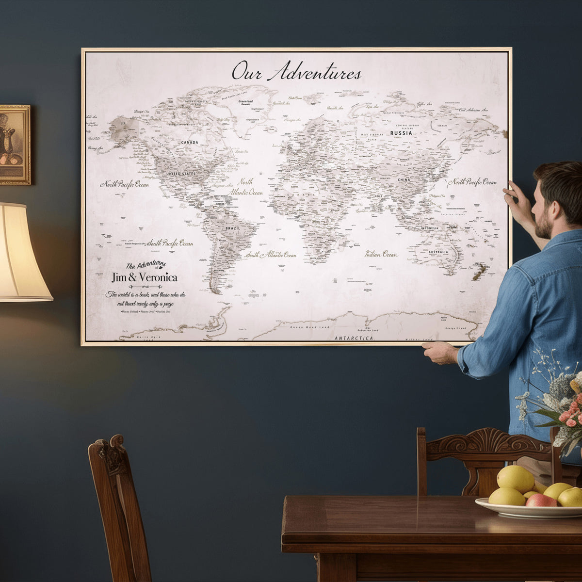 62392749-MGV-CV-36X24 - Personalized Beige Vintage World Travel Map Wall Art with Pins, Honeymoon and Anniversary Gift, Entryway and Hallway Decor