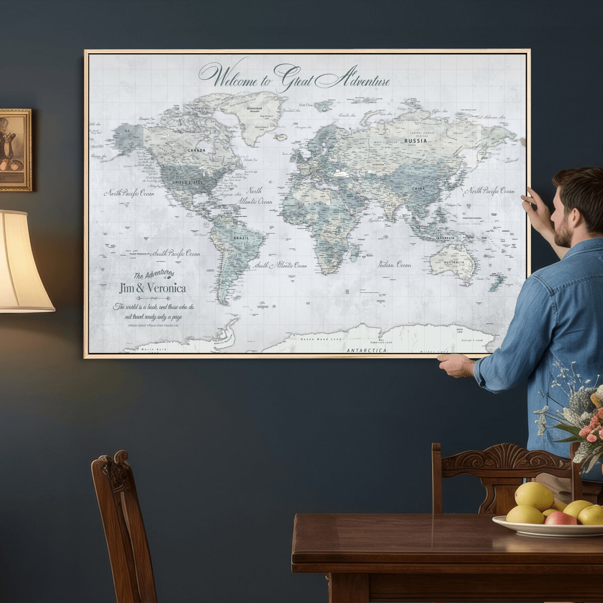 55391088-MGV-CV-36X24 - Personalized Beige Antique Push Pin World Map Canvas Print, Family Travel Tracker, Family Room and Entryway Decor