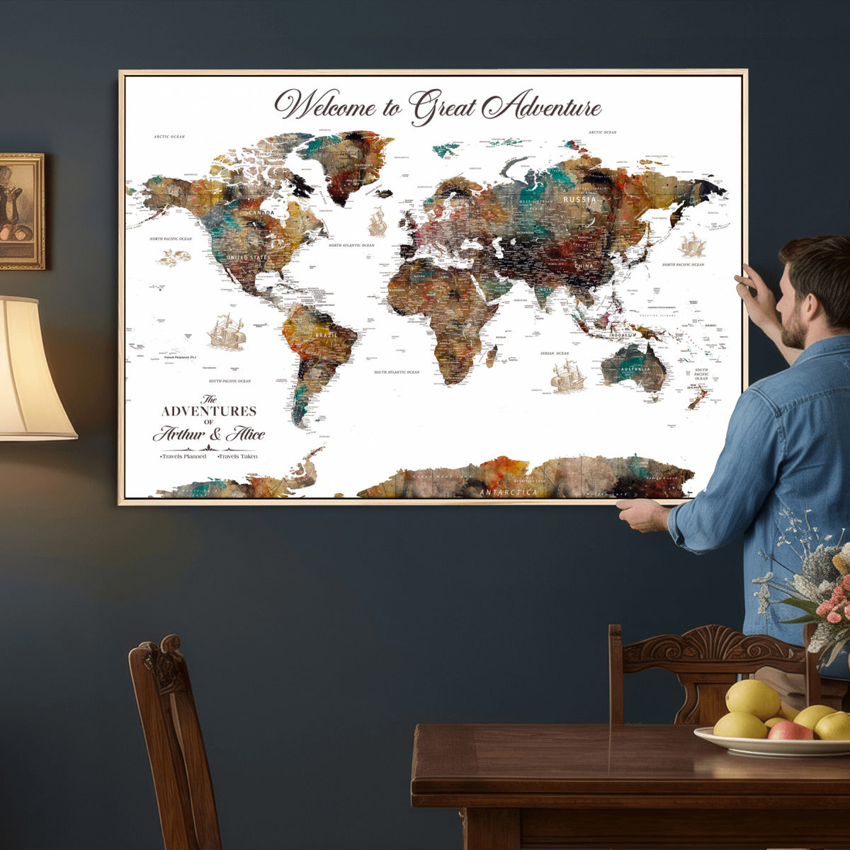 20271103-MGV-CV-36X24 - Custom Framed Beige Modern Push Pin World Map Wall Art, Couples Countries Visited Map, Study and Entryway Decor