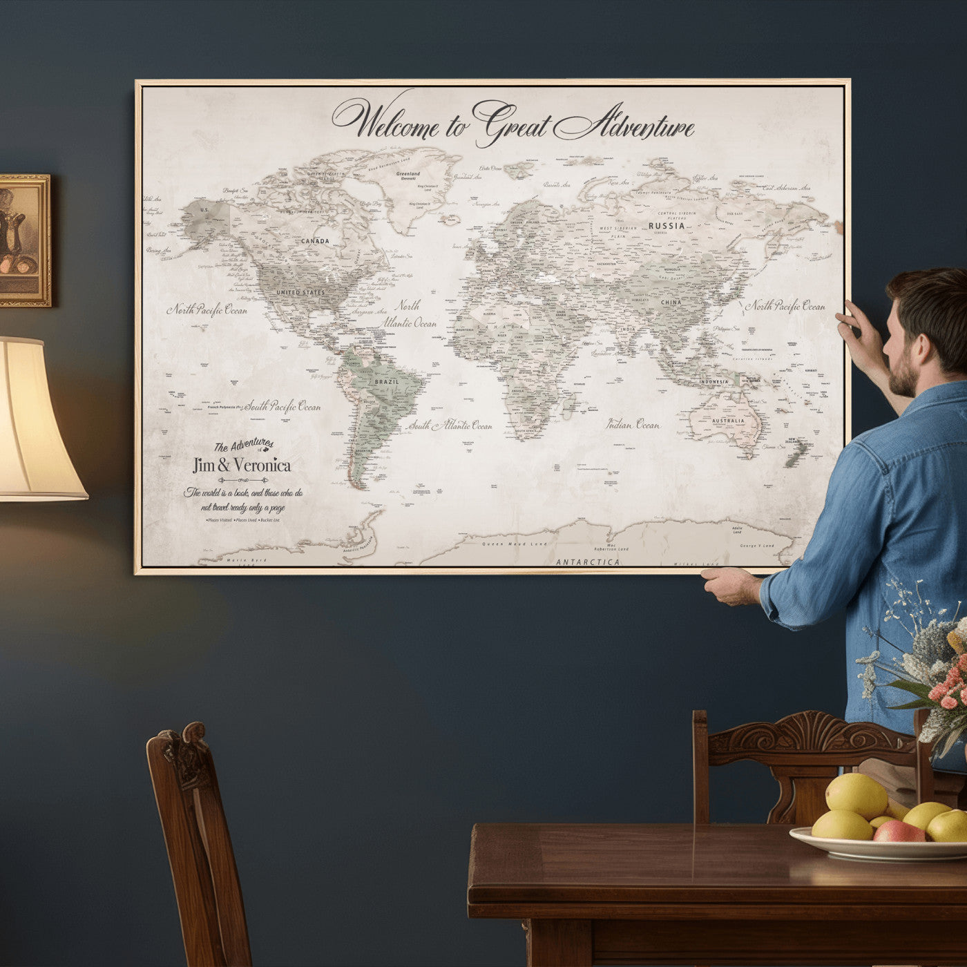 84311132-MGV-CV-36X24 - Custom Push Pin World Map Wall Art Canvas Print – Personalized Travel Tracker with Pins Framed Large for Home and Office Decor
