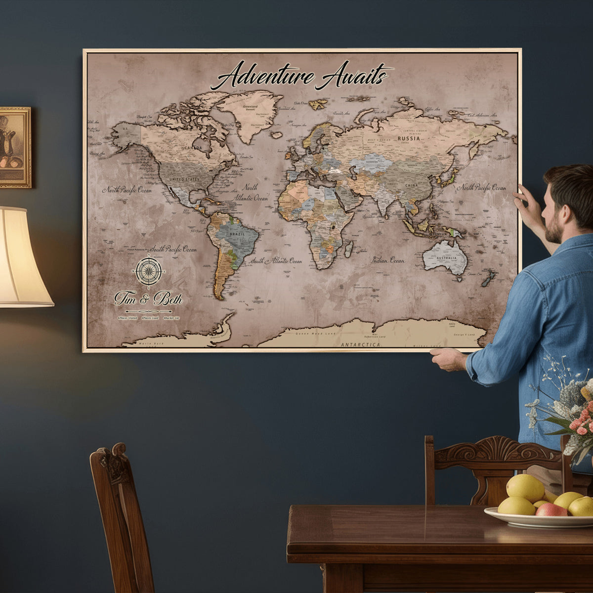 30508877-MGV-CV-36X24 - Custom Push Pin World Map Wall Art Canvas Print | Personalized Travel Tracker