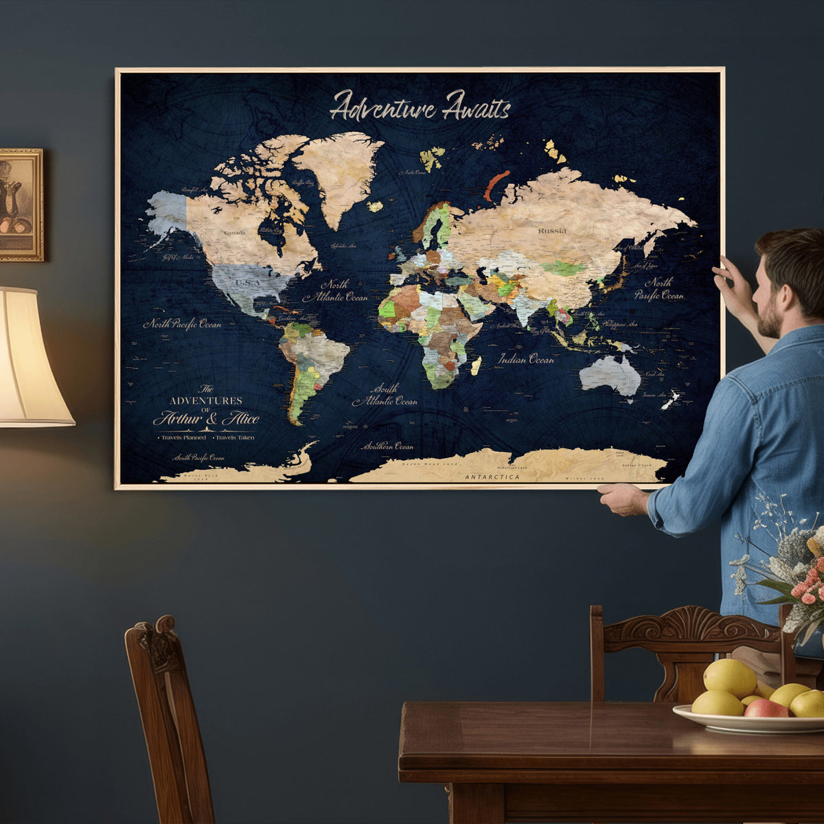 39120422-MGV-CV-36X24 - Personalized Beige Antique Push Pin Travel Map Canvas Print, Bucket List Map, Dining Room and Entryway Decor