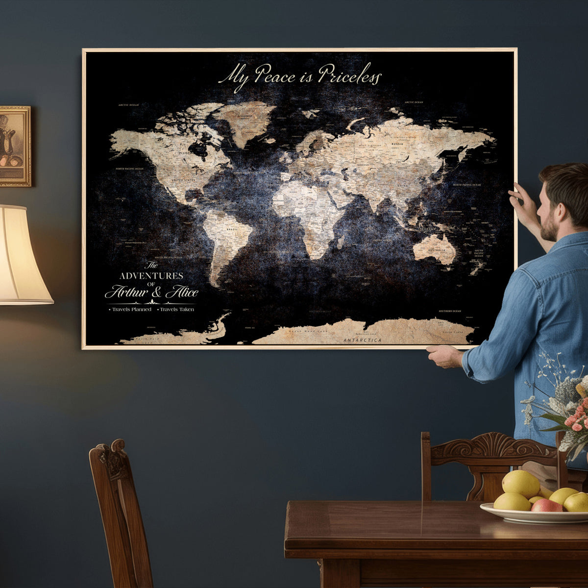 38689152-MGV-CV-36X24 - Personalized Beige World Map Canvas with Push Pins, Couples Countries Visited Map, Study and Hallway Decor