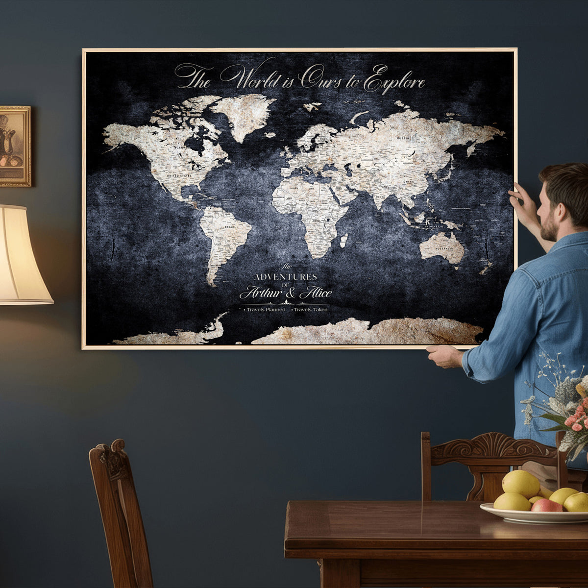 78489746-MGV-CV-36X24 - Custom Push Pin World Map Wall Art Canvas Print | Personalized Travel Tracker with Pins Framed Large for Home and Office Decor