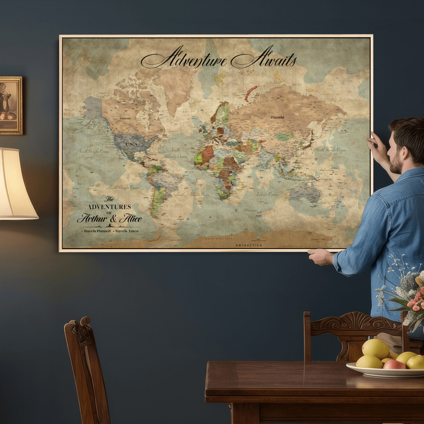 80420159-MGV-CV-36X24 - Custom Push Pin World Map Wall Art Canvas Print – Personalized Travel Tracker with Pins Framed Large for Home and Office Decor