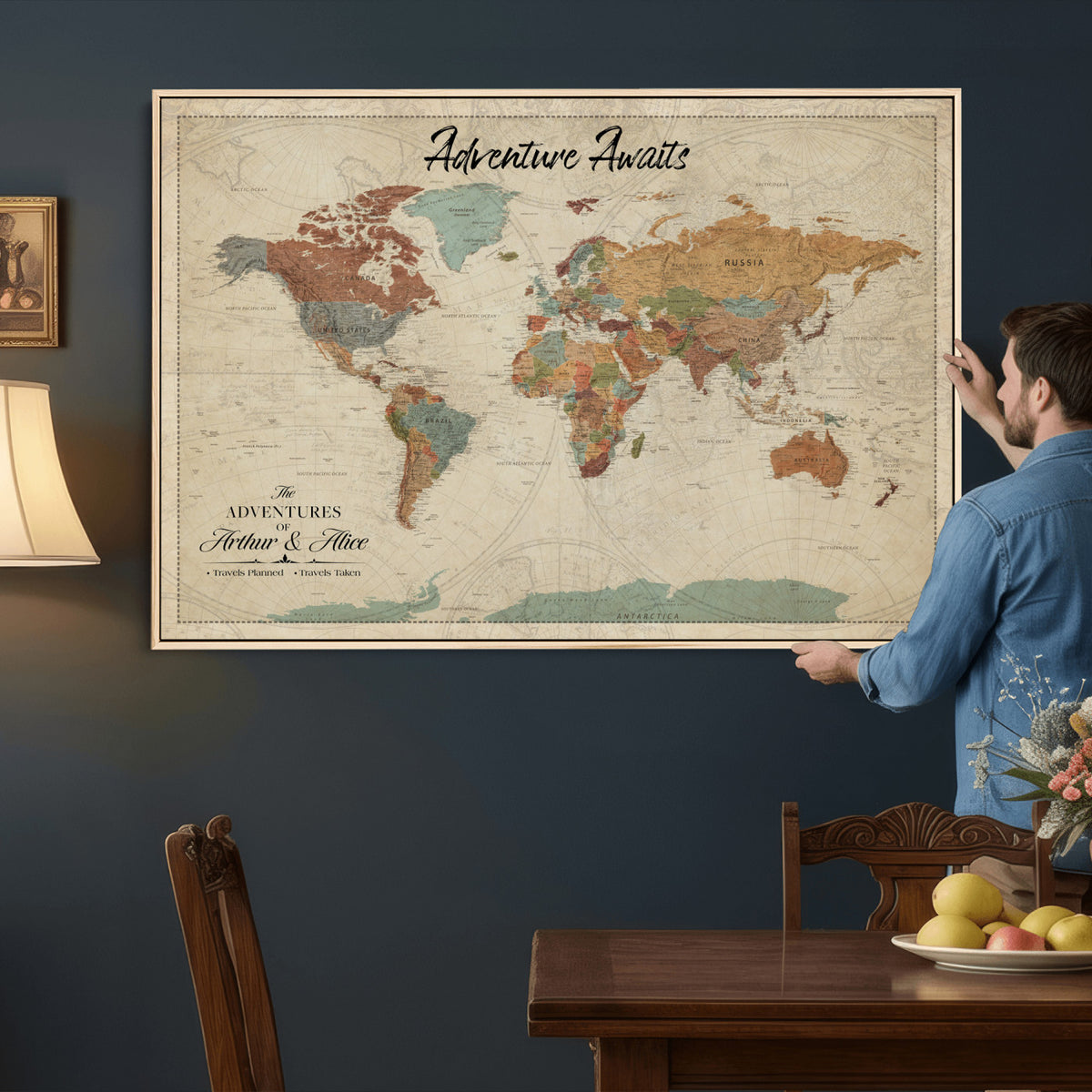 10741176-MGV-CV-36X24 - Custom Push Pin World Map Wall Art Canvas Print | Personalized Travel Tracker with Pins Framed Large for Home and Office Decor