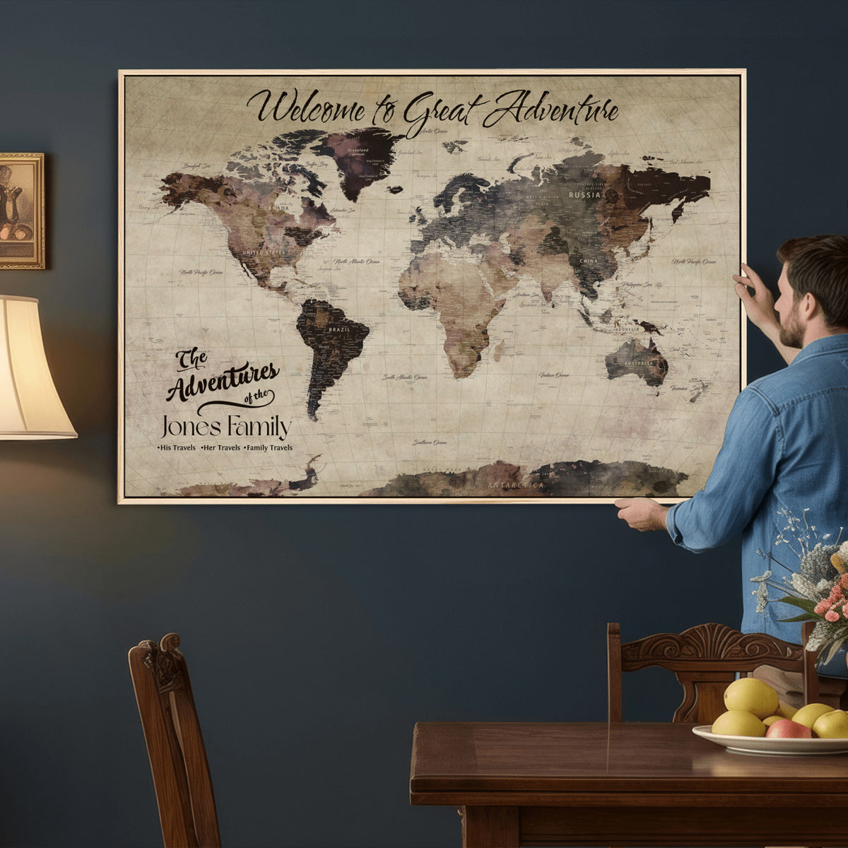 25688366-MGV-CV-36X24 - Custom Push Pin World Map Wall Art Canvas Print | Personalized Travel Tracker with Pins Framed Large for Home and Office Decor