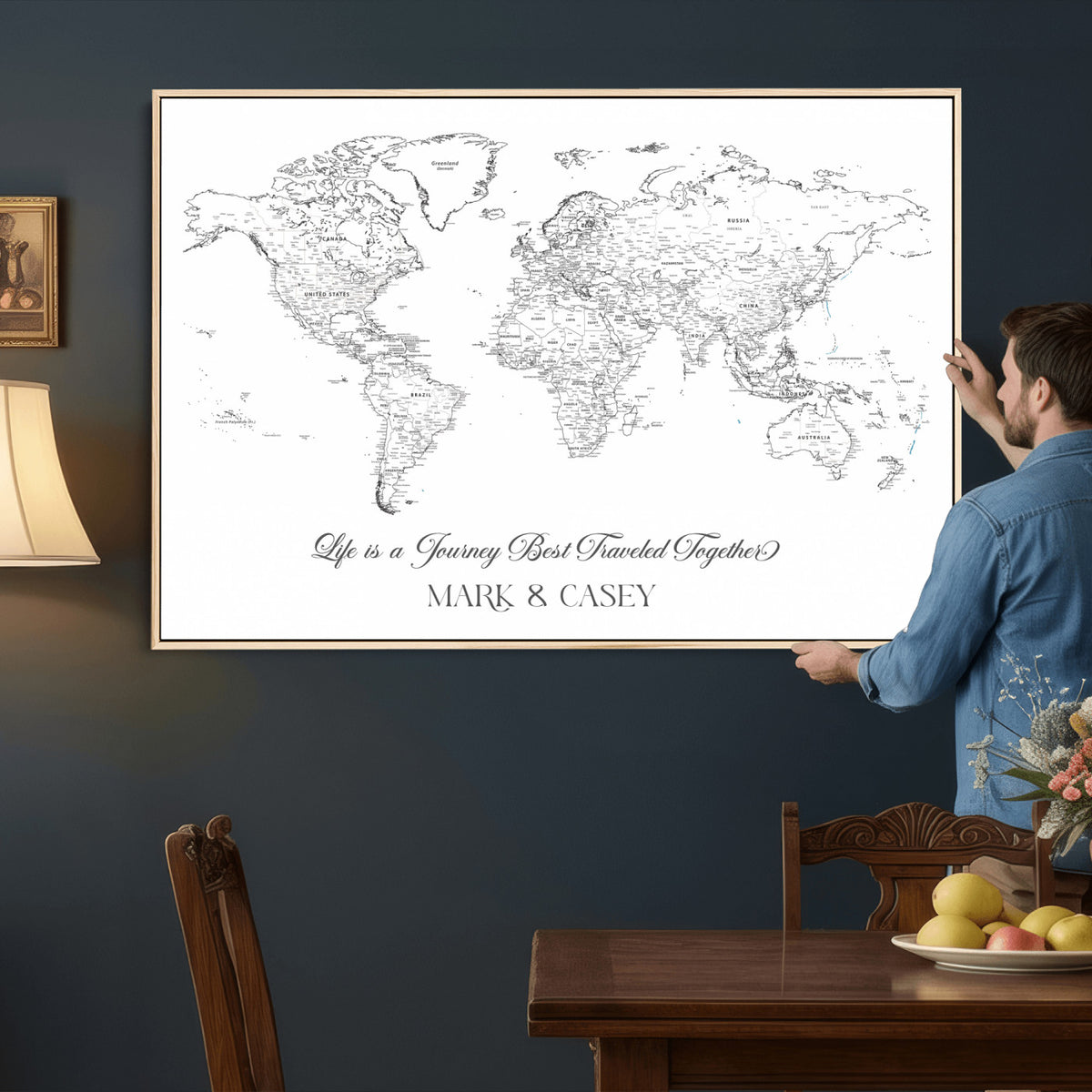 57820424-MGV-CV-36X24 - Custom Push Pin World Map Wall Art Canvas Print – Personalized Travel Tracker with Pins Framed Large for Home and Office Decor