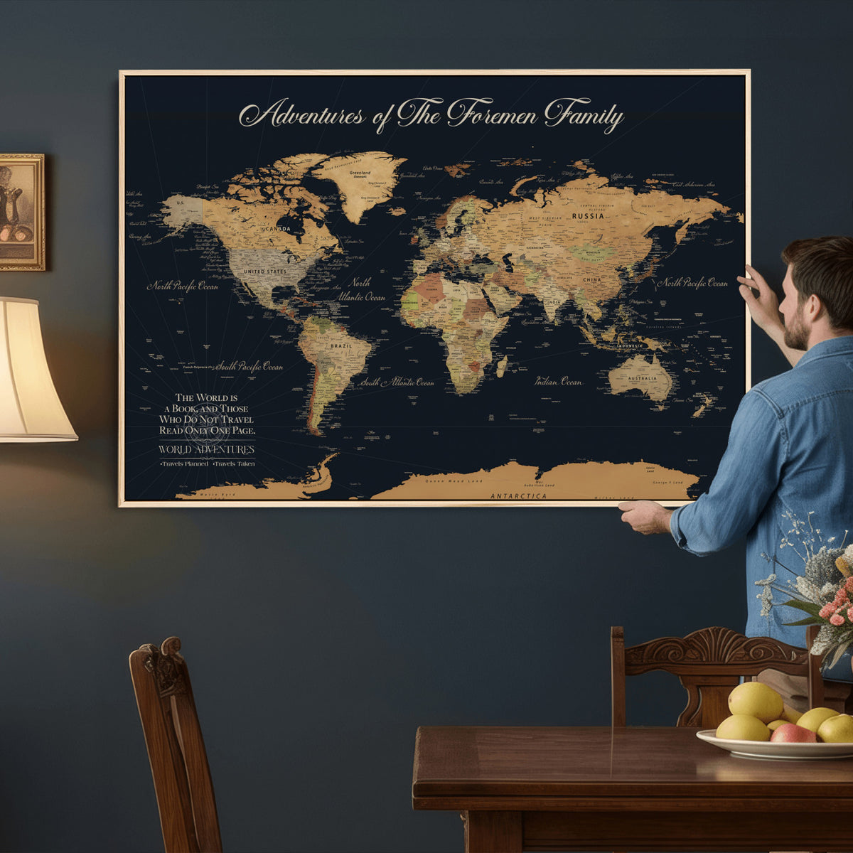 89403803-MGV-CV-36X24 - Personalized Beige Modern Family Adventure Push Pin World Map Canvas, Places Visited Tracker, Family Room and Home Office Decor