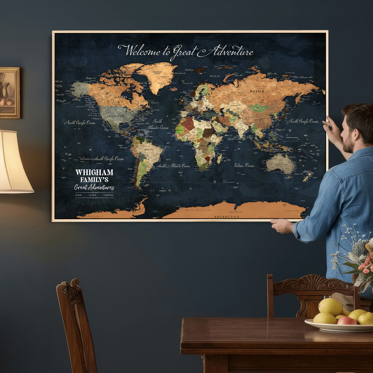 66788995-MGV-CV-36X24 - Custom Push Pin World Map Wall Art Canvas Print | Personalized Travel Tracker with Pins Framed Large for Home and Office Decor