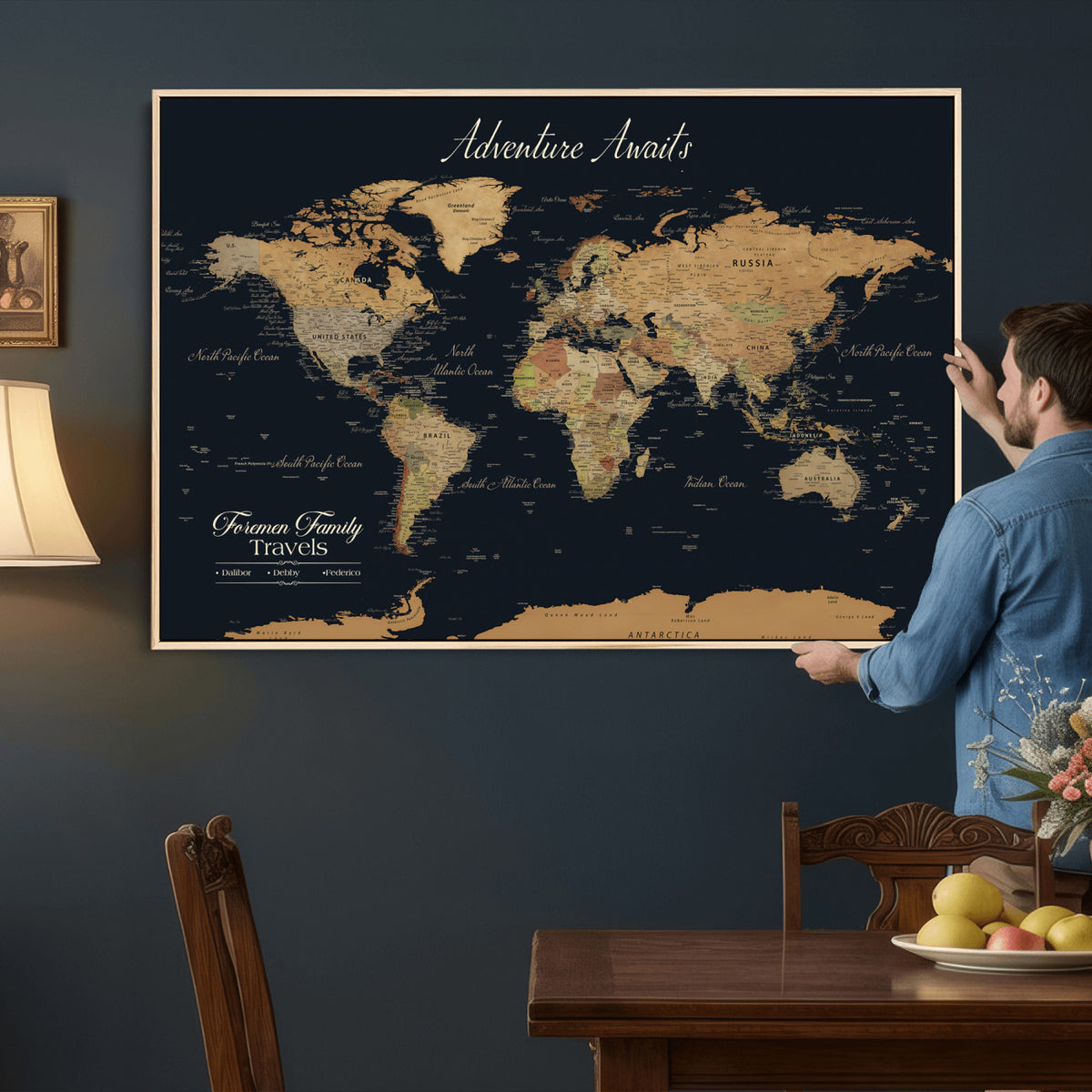 31781393-MGV-CV-36X24 - Custom Push Pin World Map Wall Art Canvas Print | Personalized Travel Tracker with Pins Framed Large for Home Decor