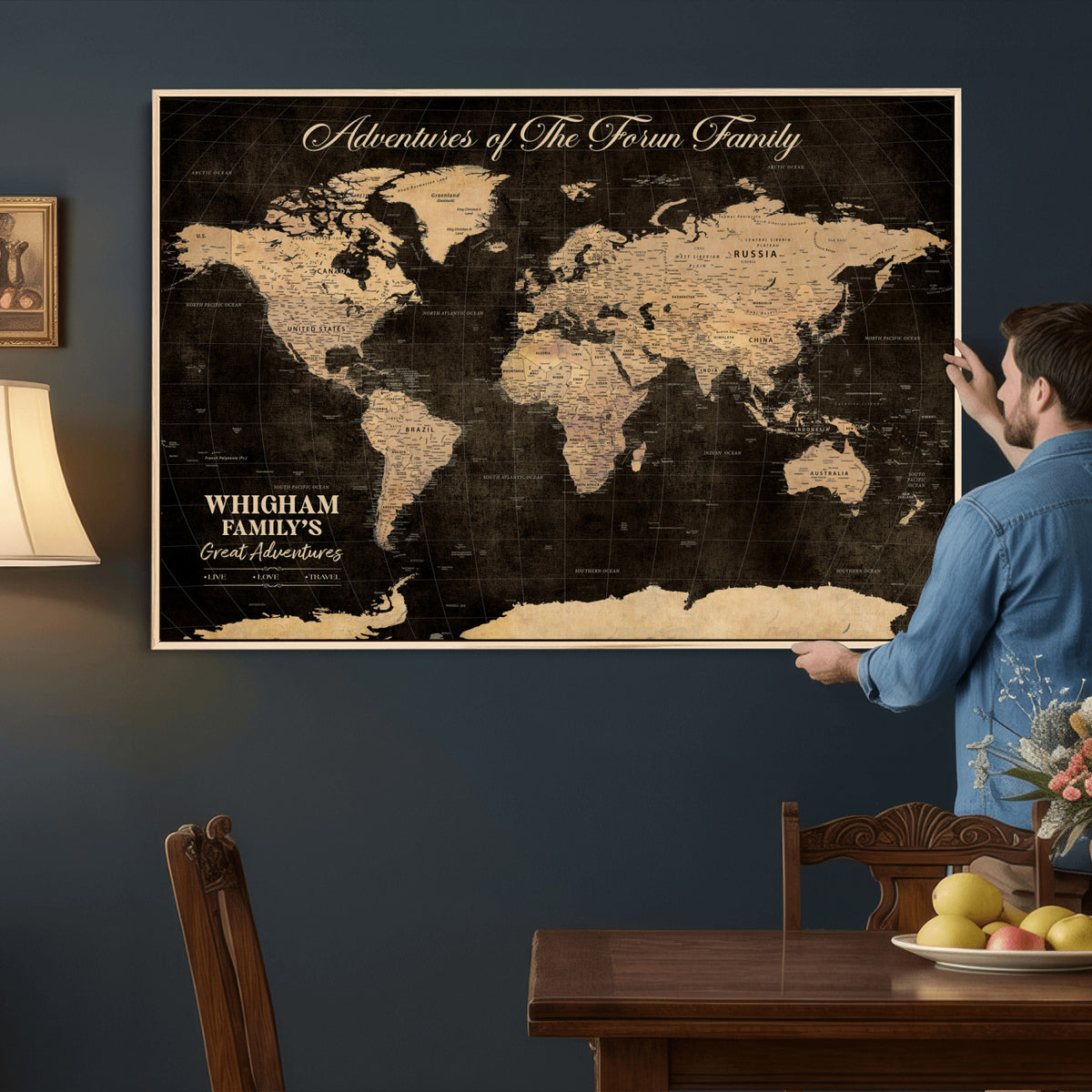 69635819-MGV-CV-36X24 - Custom Push Pin World Map Wall Art Canvas Print | Personalized Travel Tracker with Pins Framed Large for Home and Office Decor