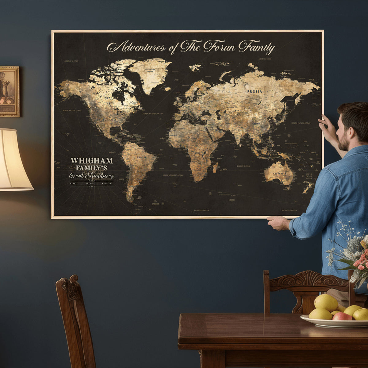 80238567-MGV-CV-36X24 - Custom Push Pin World Map Wall Art Canvas Print | Personalized Travel Tracker with Pins Framed Large for Home and Office Decor