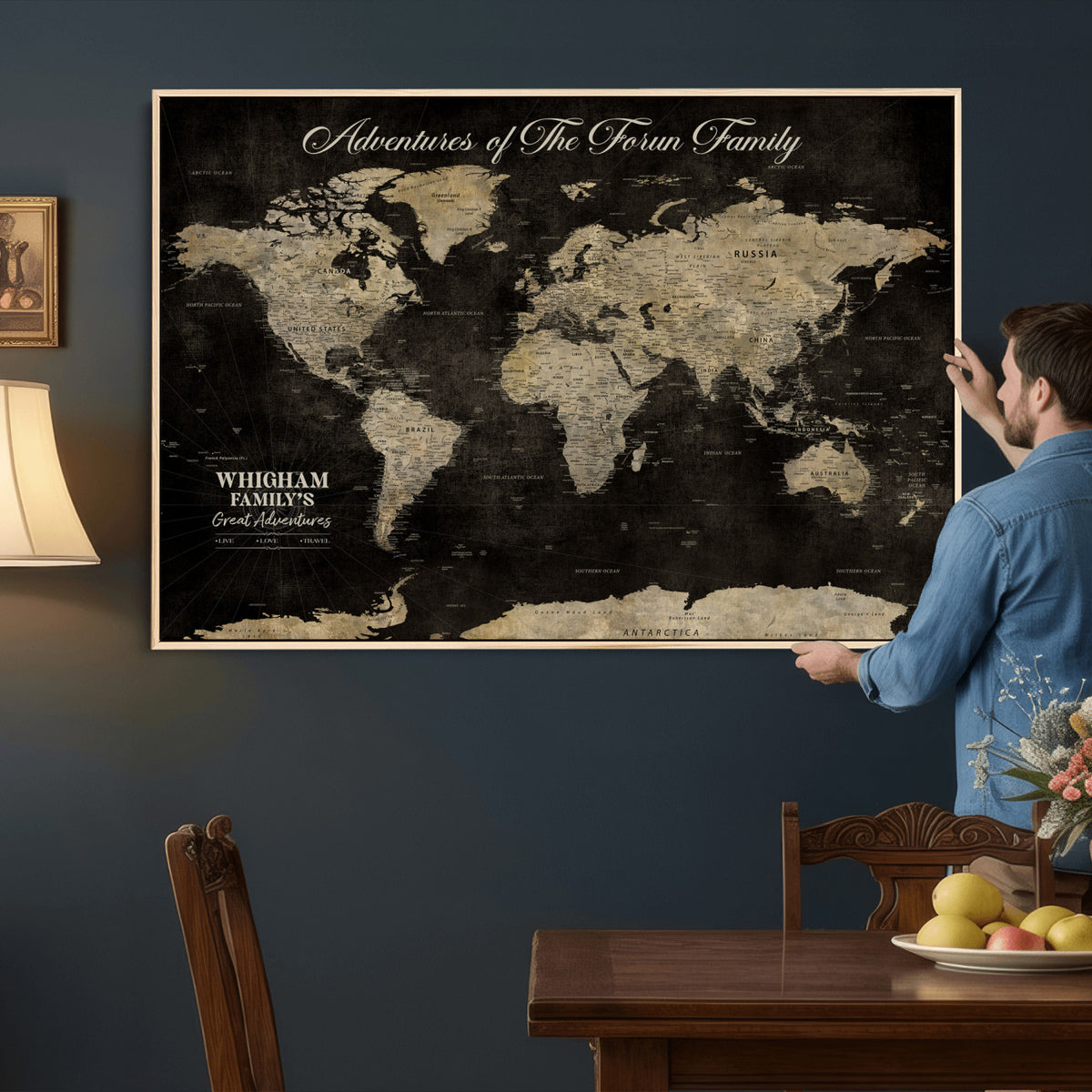 26348249-MGV-CV-36X24 - Custom Push Pin World Map Wall Art Canvas Print | Personalized Travel Tracker with Pins Framed Large for Home and Office Decor