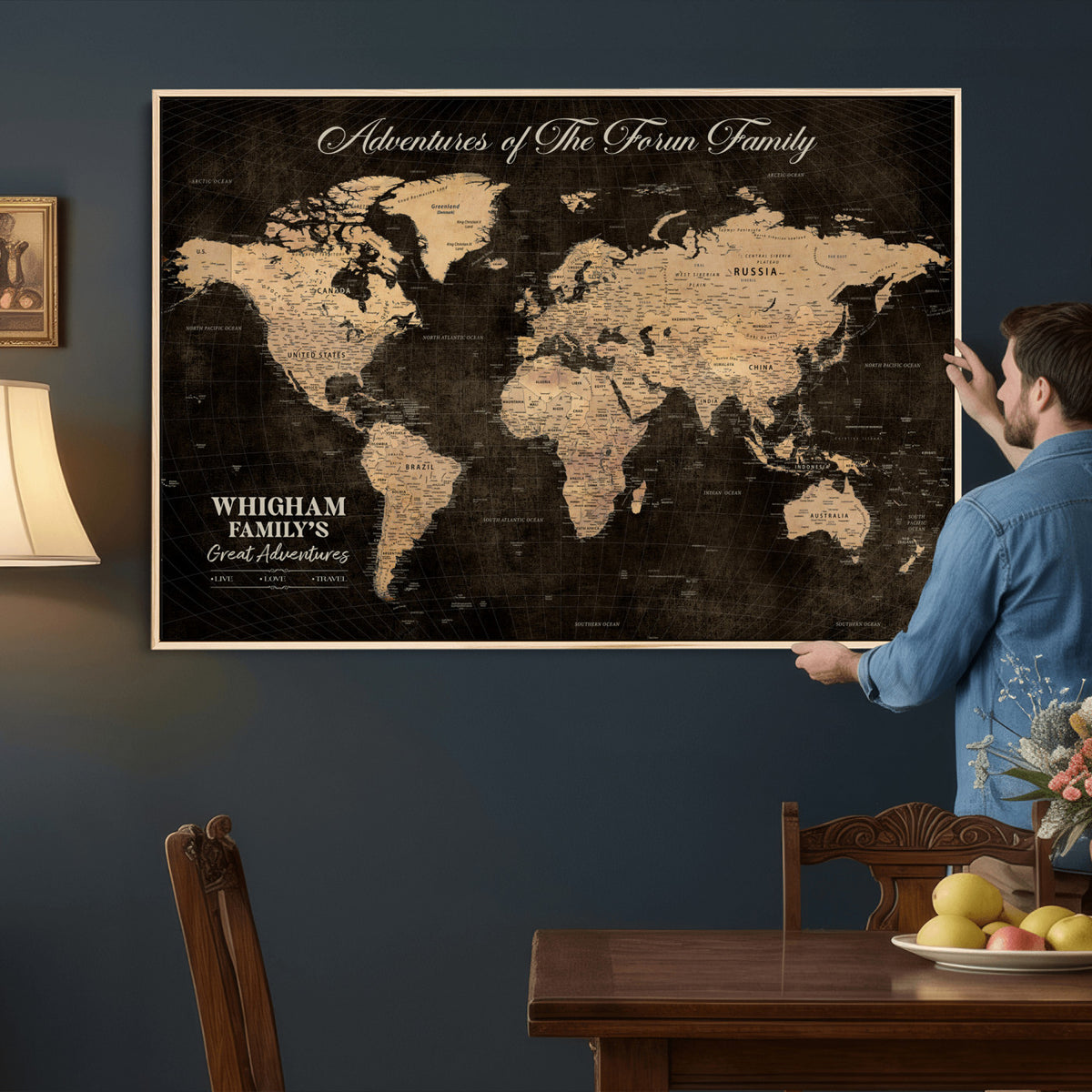 68639184-MGV-CV-36X24 - Custom Push Pin World Map Wall Art Canvas Print | Personalized Travel Tracker with Pins Framed Large for Home and Office Decor