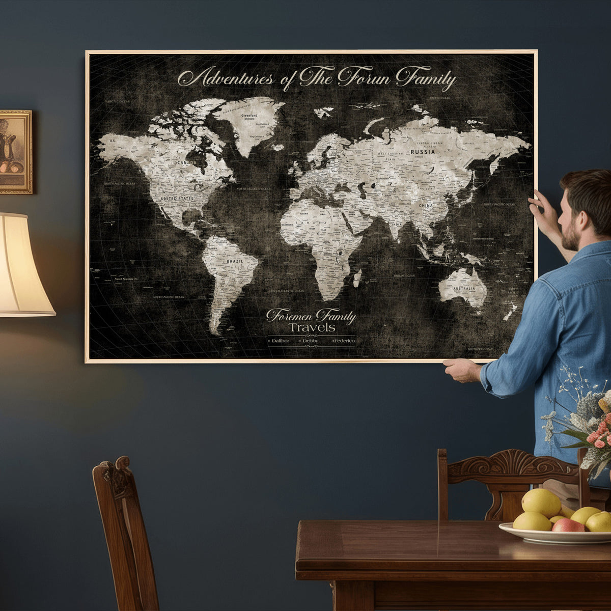 73767525-MGV-CV-36X24 - Custom Push Pin World Map Wall Art Canvas Print | Personalized Travel Tracker with Pins Framed Large for Home and Office Decor