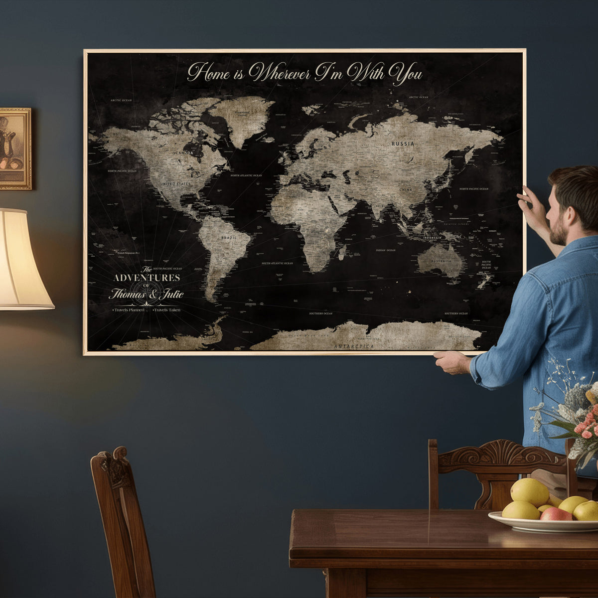 28461537-MGV-CV-36X24 - Personalized Framed Black Geometric World Map Canvas with Push Pins, Bucket List Map, Living Room and Dining Room Decor