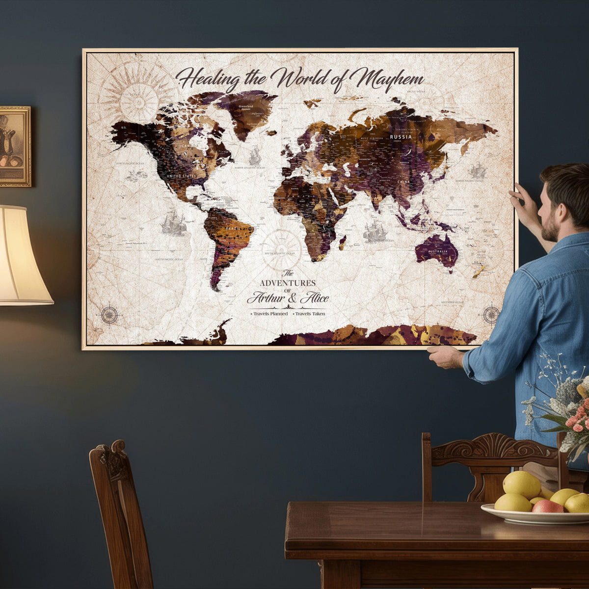 20154714-MGV-CV-36X24 - Custom Push Pin World Map Wall Art Canvas Print | Personalized Travel Tracker with Pins Framed Large for Home and Office Decor