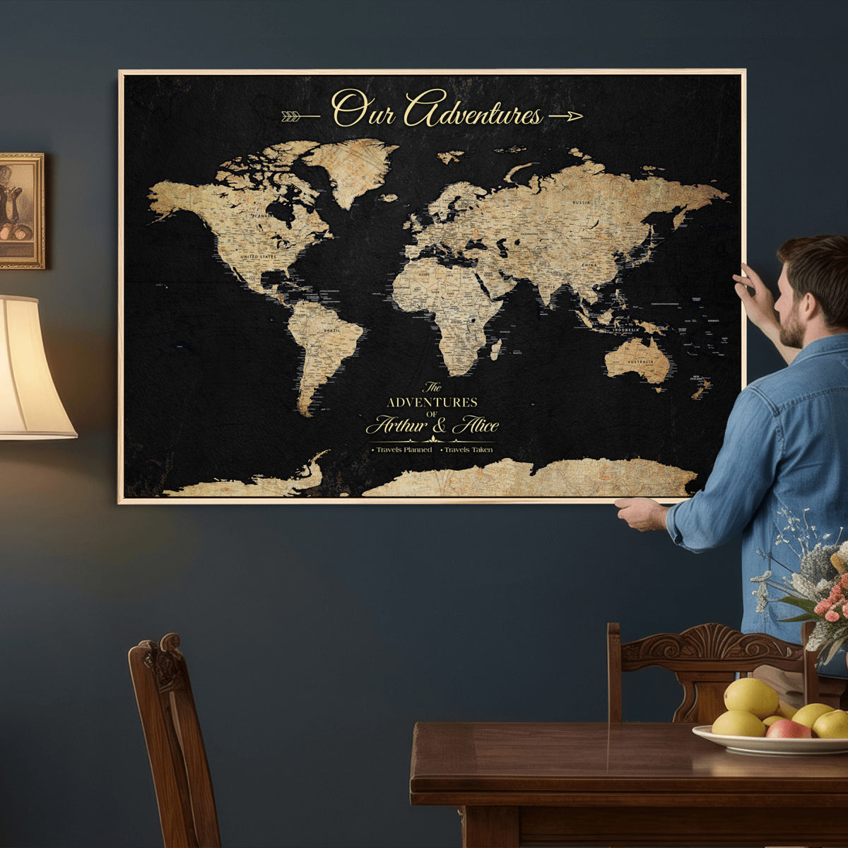54638998-MGV-CV-36X24 - Custom Push Pin World Map Wall Art Canvas Print | Personalized Travel Tracker with Pins Framed Large for Home and Office Decor