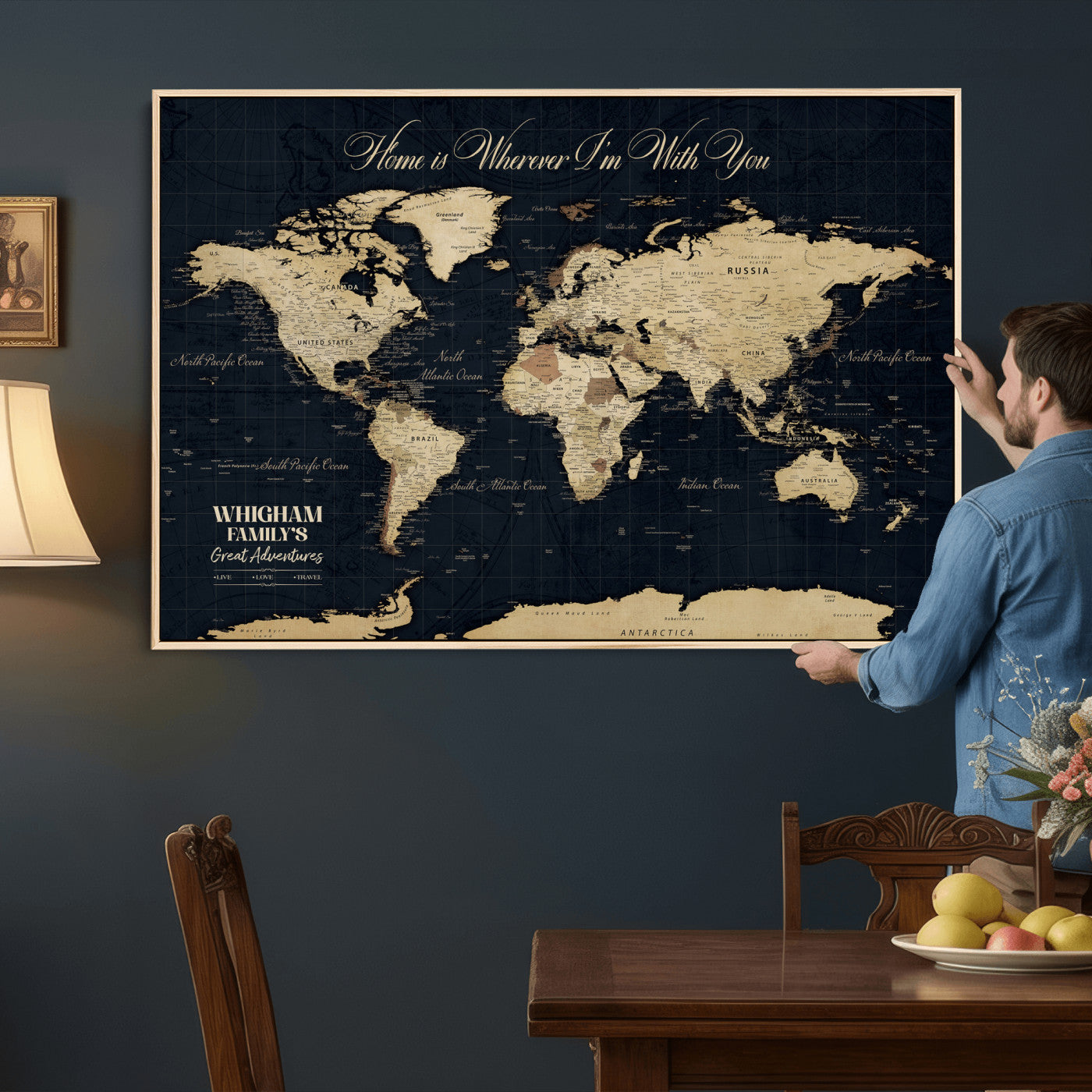 86888698-MGV-CV-36X24 - Custom Push Pin World Map Wall Art Canvas Print – Personalized Travel Tracker with Pins Framed Large for Home and Office Decor