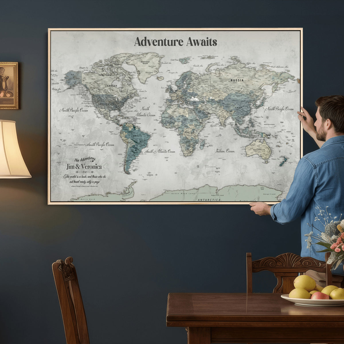 11945570-MGV-CV-36X24 - Custom Push Pin World Map Wall Art Canvas Print | Personalized Travel Tracker with Pins Framed Large for Home and Office Decor