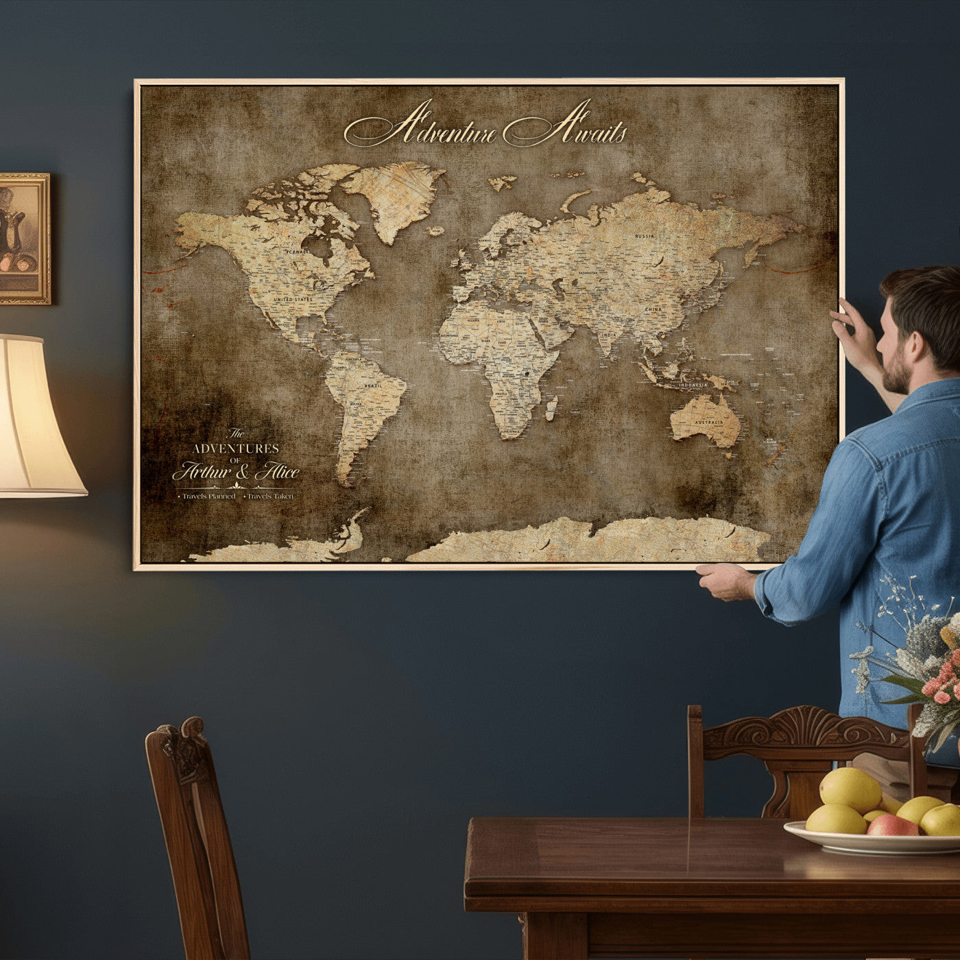 61836190-MGV-CV-36X24 - Custom Push Pin World Map Wall Art Canvas Print – Personalized Travel Tracker with Pins Framed Large for Home and Office Decor