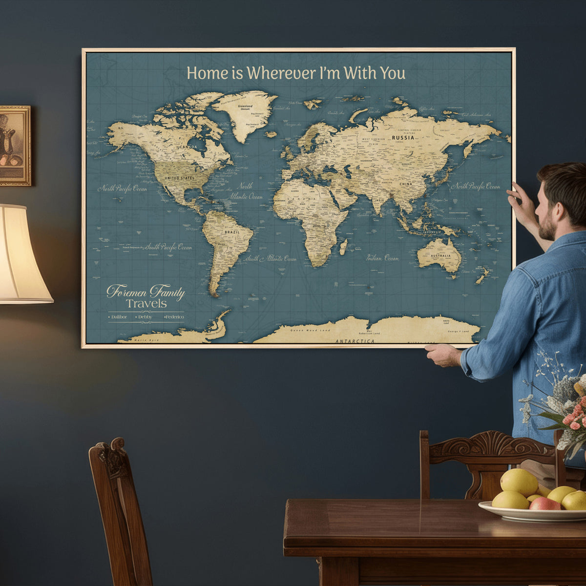 15936891-MGV-CV-36X24 - Custom Push Pin World Map Wall Art Canvas Print | Personalized Travel Tracker with Pins Framed Large for Home and Office Decor