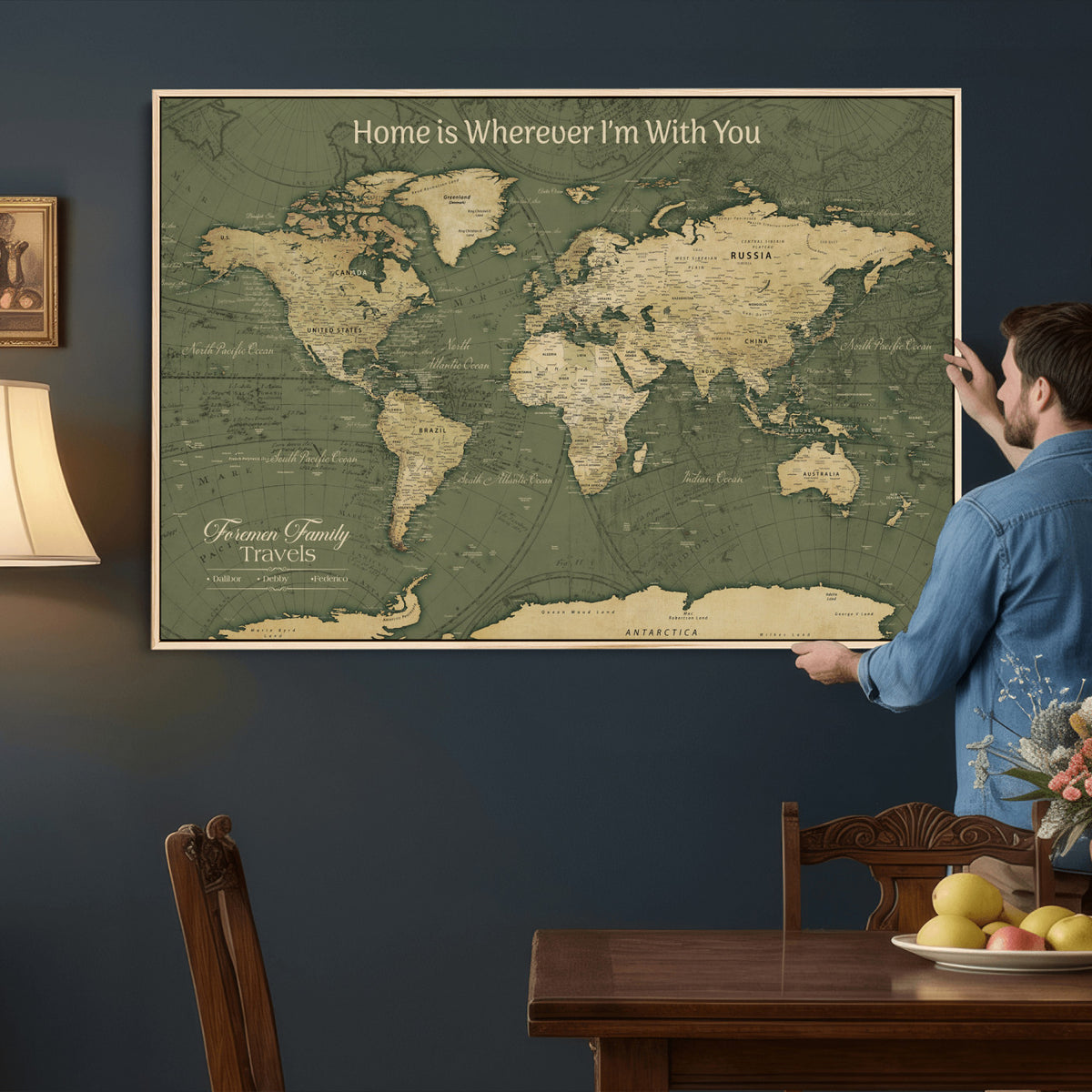 31715895-MGV-CV-36X24 - Custom Push Pin World Map Wall Art Canvas Print | Personalized Travel Tracker with Pins Framed Large for Home and Office Decor