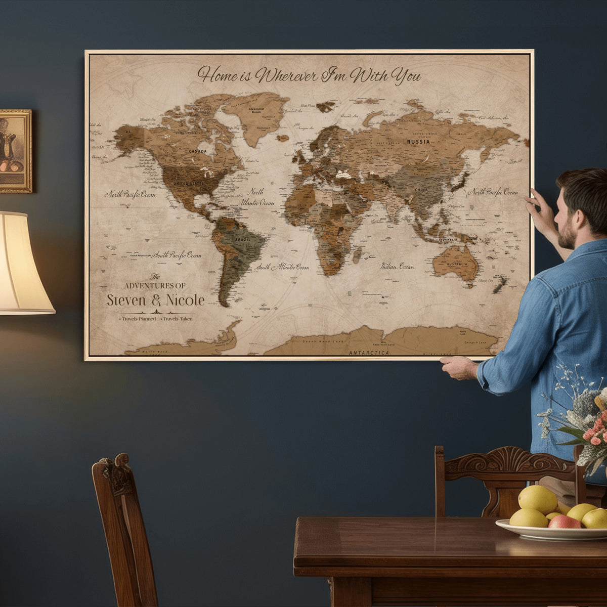 67360040-MGV-CV-36X24 - Personalized Framed Navy Geometric World Map Canvas with Push Pins, Couples Countries Visited Map, Living Room and Hallway Decor