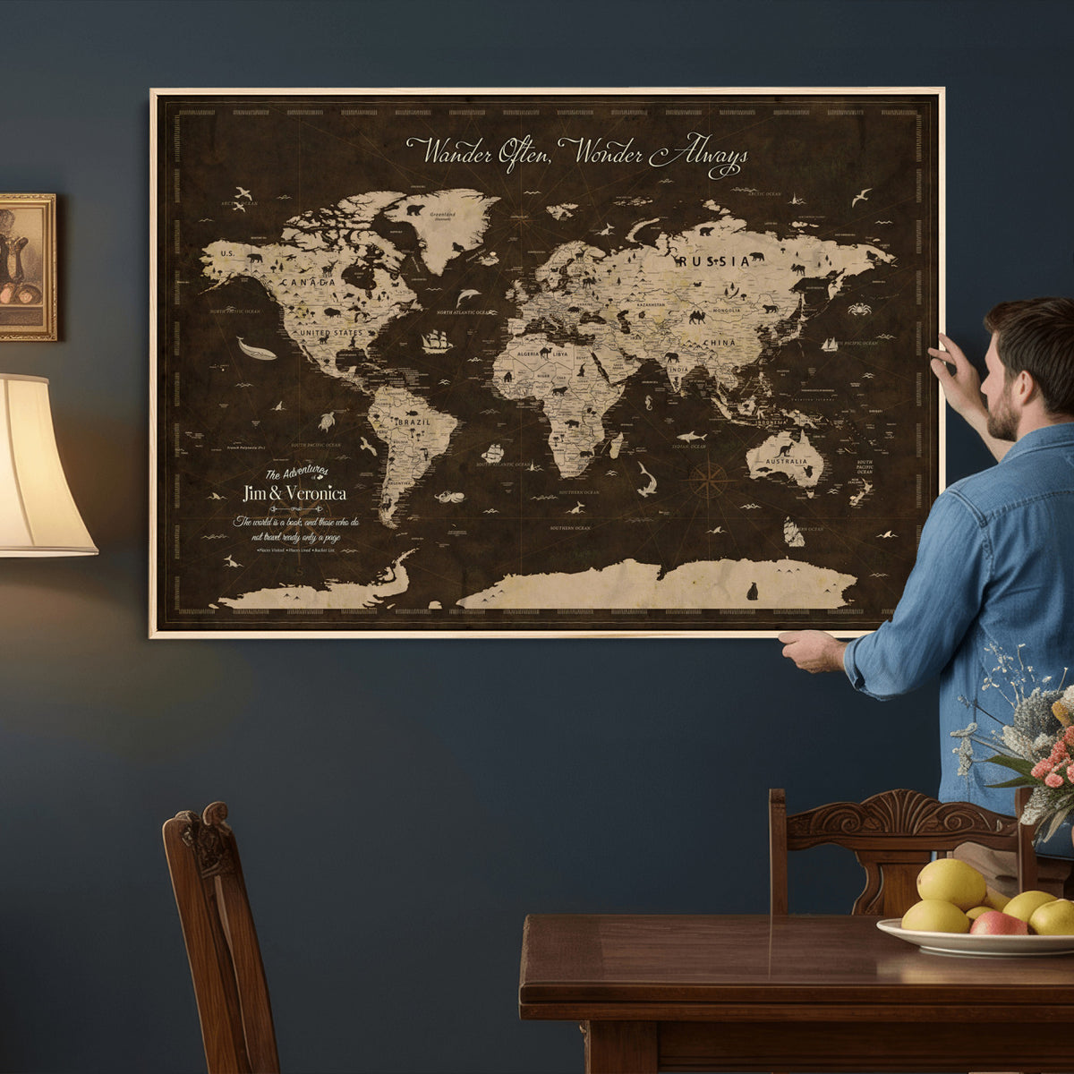 20091587-MGV-CV-36X24 - Custom Push Pin World Map Wall Art Canvas Print | Personalized Travel Tracker with Pins Framed Large for Home and Office Decor