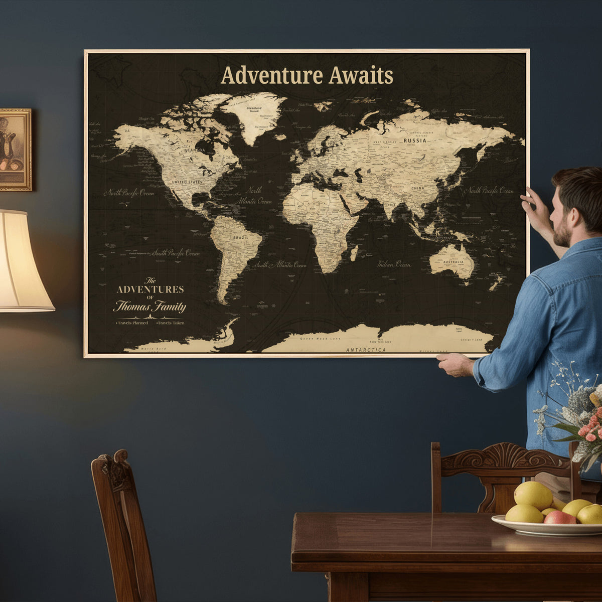 47597338-MGV-CV-36X24 - Custom Push Pin World Map Wall Art Canvas Print | Personalized Travel Tracker with Pins Framed Large for Home and Office Decor