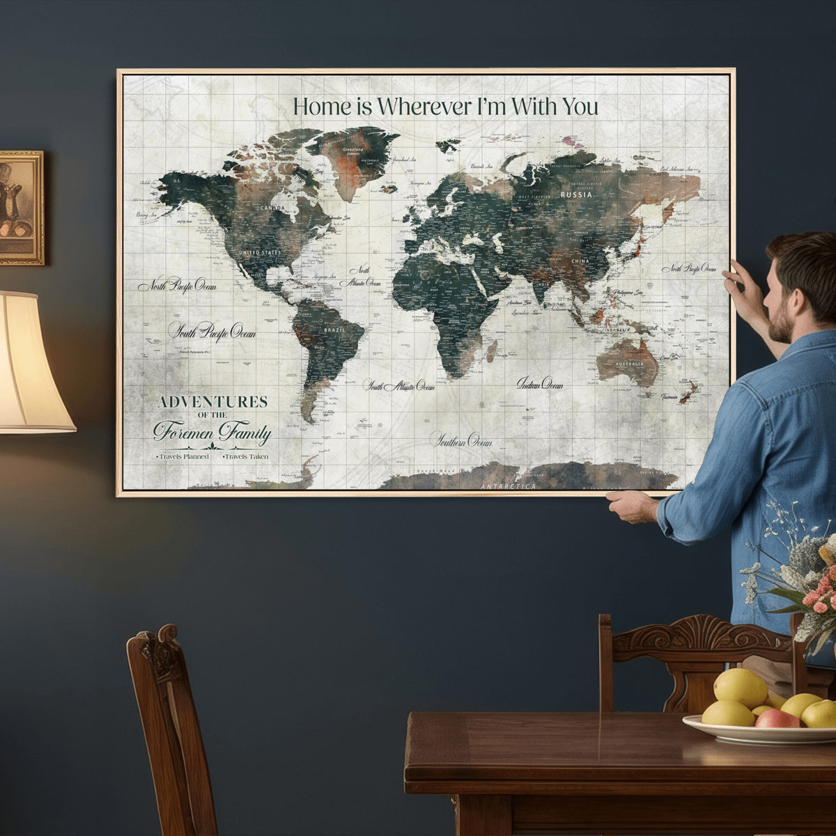 98050124-MGV-CV-36X24 - Personalized Beige Modern Push Pin Travel Map Canvas Print, Couples Countries Visited Map, Dining Room and Bedroom Decor