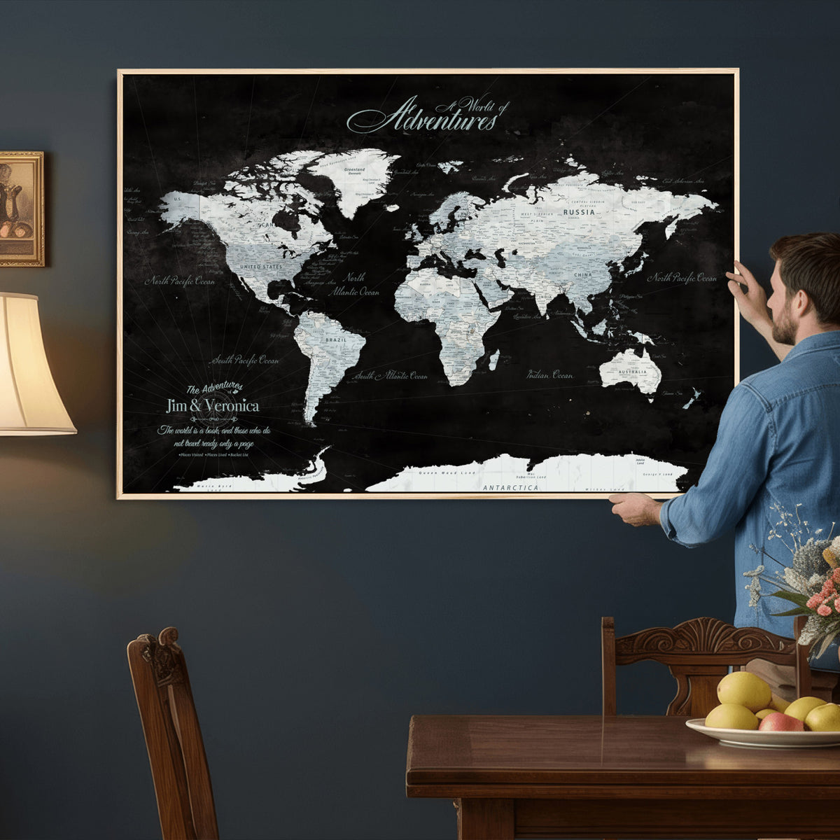 67491071-MGV-CV-36X24 - Custom Beige World Travel Map Wall Art with Pins, Places Visited Tracker, Bedroom and Home Office Decor