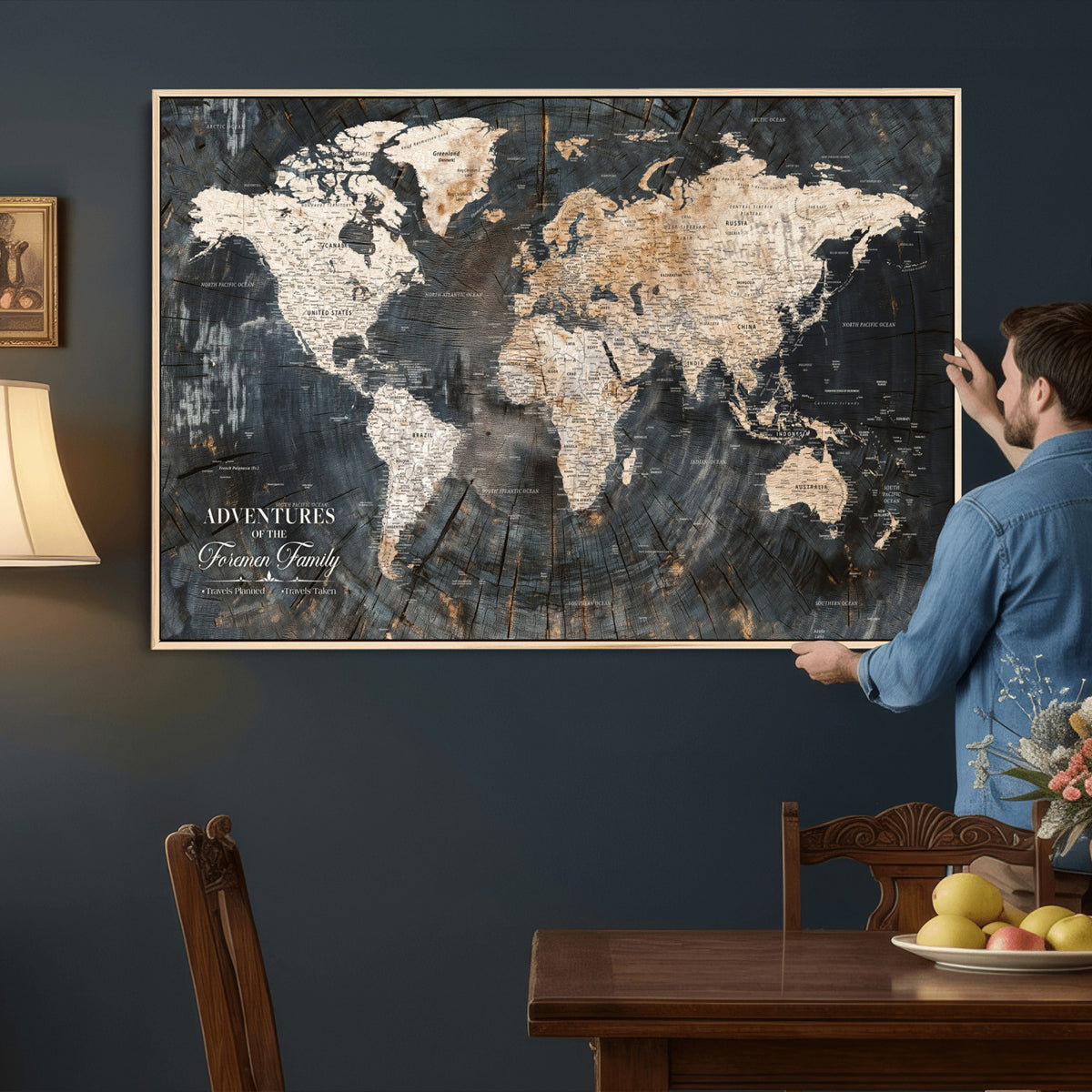 77865338-MGV-CV-36X24 - Personalized Framed Beige Push Pin World Map Canvas Print, Bucket List Map, Living Room and Hallway Decor