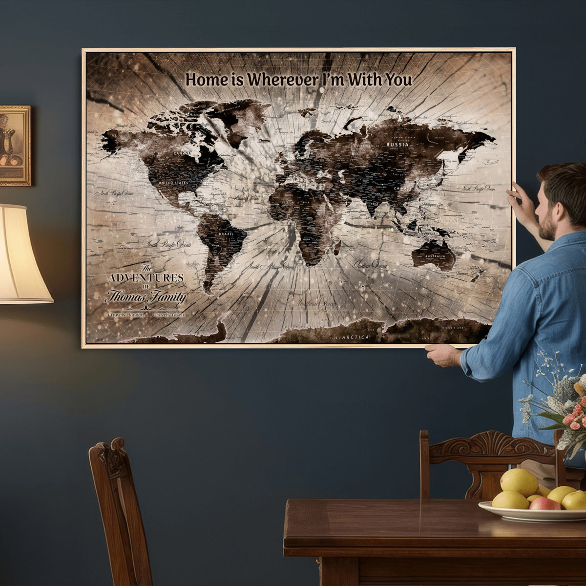 12350515-MGV-CV-36X24 - Personalized Push Pin World Map Wall Art Canvas Print, Customizable Framed Travel Map - NEWMAP-085