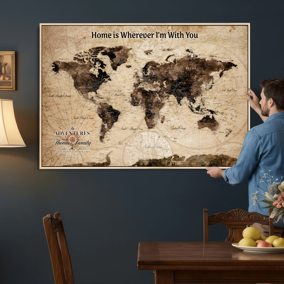 74771891-MGV-CV-36X24 - Personalized Framed Beige Modern World Travel Map Wall Art with Pins, Family Adventure Map, Living Room and Hallway Decor
