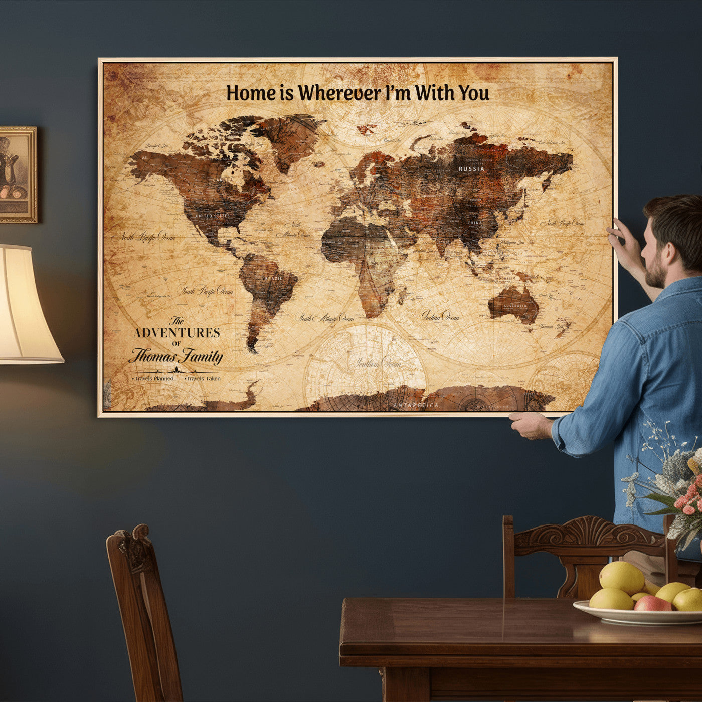 47310001-MGV-CV-36X24 - Custom Push Pin World Map Wall Art Canvas Print – Personalized Travel Tracker with Pins Framed Large for Home and Office Decor