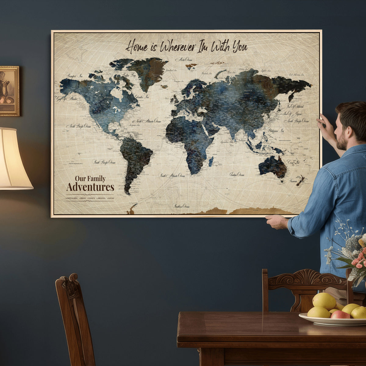 51383535-MGV-CV-36X24 - Personalized Framed Black Modern Push Pin Travel Map Canvas Print, Family Travel Tracker, Home Office and Entryway Decor