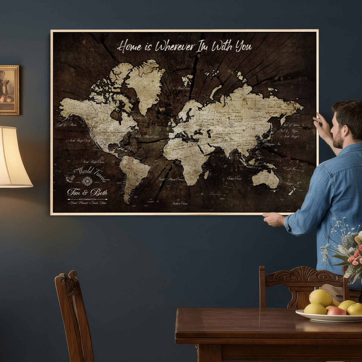 46573259-MGV-CV-36X24 - Personalized Watercolor Push Pin World Map Canvas Wall Art, Custom Framed Travel Map - NEWMAP-094