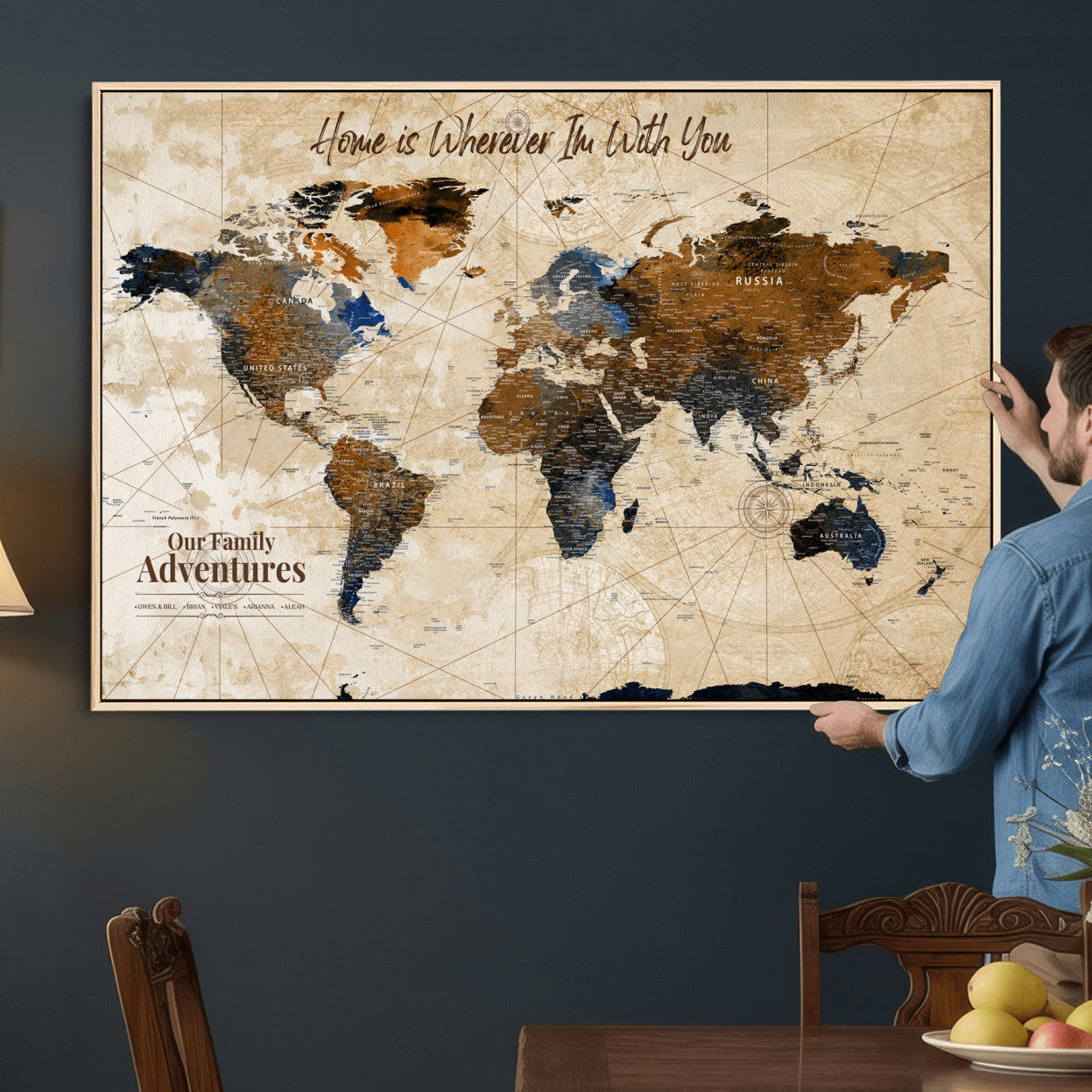 20227642-MGV-CV-36X24 - Custom Push Pin World Map Wall Art Canvas Print – Personalized Travel Tracker with Pins Framed Large for Home and Office Decor