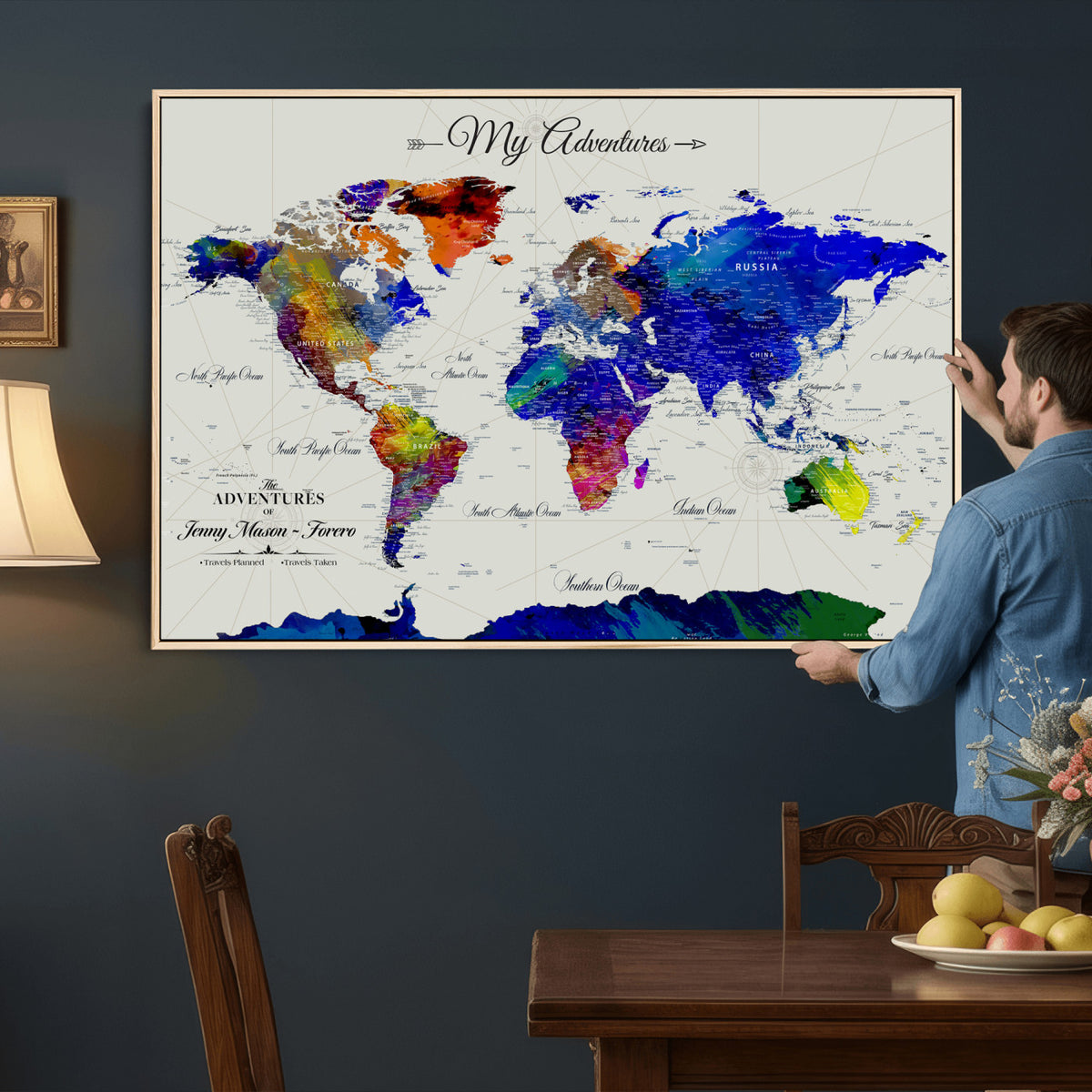 45423989-MGV-CV-36X24 - Detailed Custom Framed Beige Modern World Map Canvas with Push Pins, Honeymoon and Anniversary Gift, Dining Room and Home Office Decor
