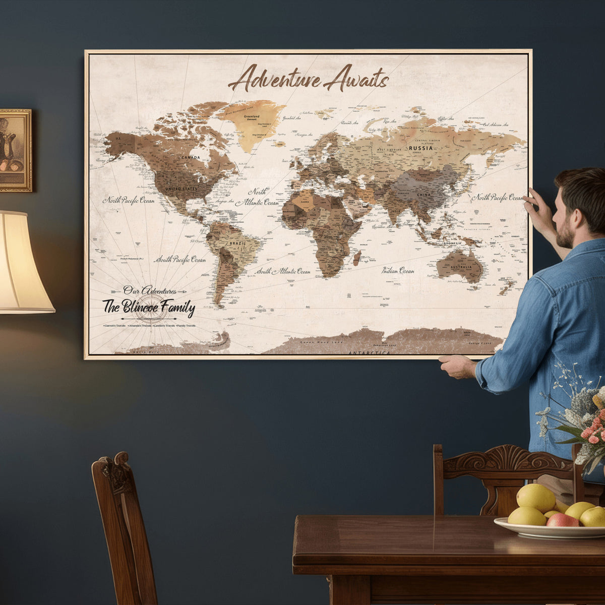 64110351-MGV-CV-36X24 - Custom Framed White Modern World Map Canvas with Push Pins, Places Visited Tracker, Dining Room and Entryway Decor