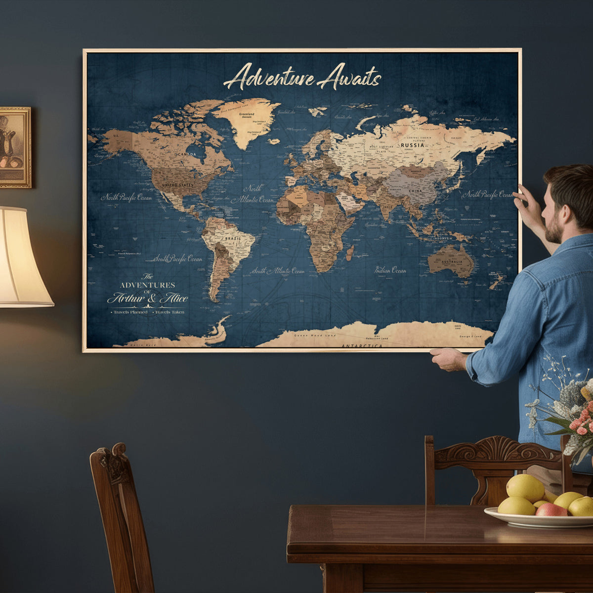 64110391-MGV-CV-36X24 - Personalized White Vintage World Travel Map Wall Art with Pins, Next Trip Planner Map, Family Room and Dining Room Decor