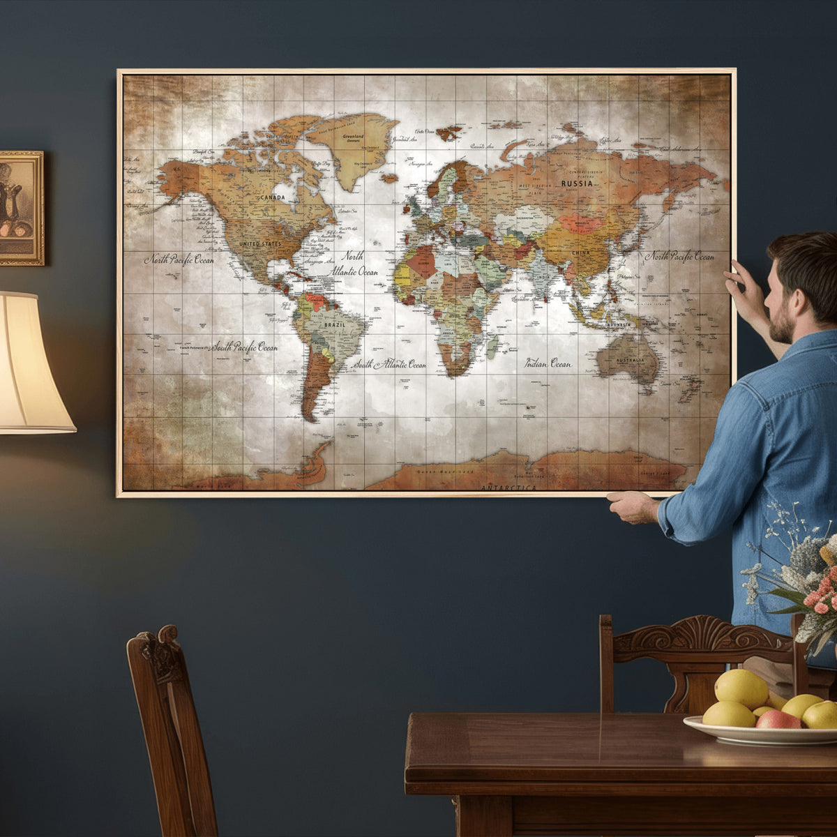 51643807-MGV-CV-36X24 - World Map Wall Art Canvas Print, Modern Decorative Framed Map Artwork Prints for Living Room, Office, Bedroom Wall Decor
