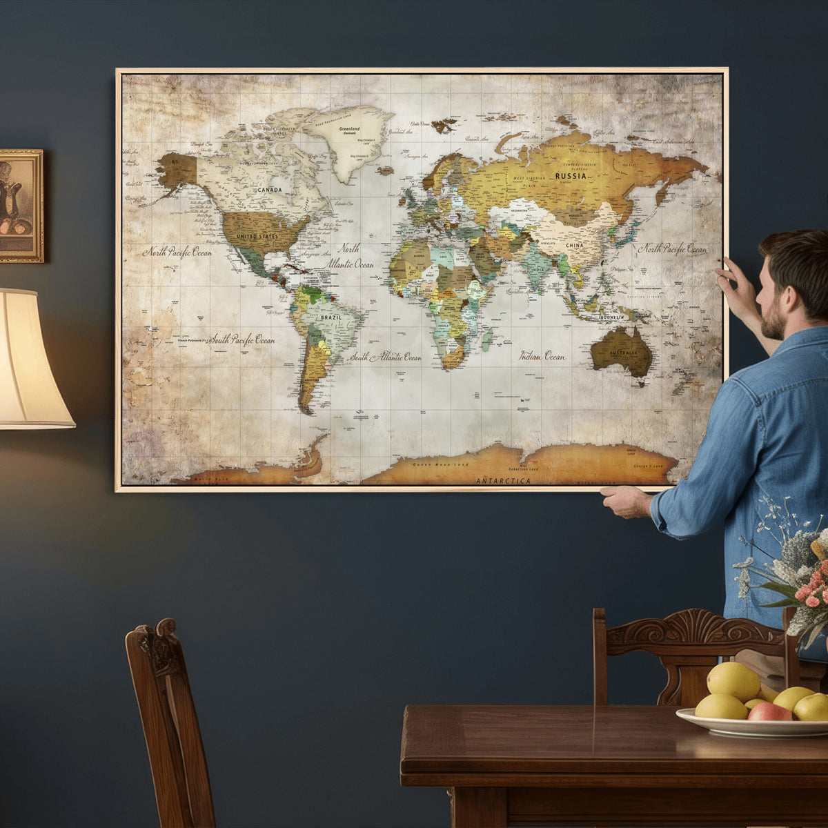 86108417-MGV-CV-36X24 - World Map Wall Art Canvas Print, Modern Decorative Framed Map Artwork Prints for Living Room, Office, Bedroom Wall Decor