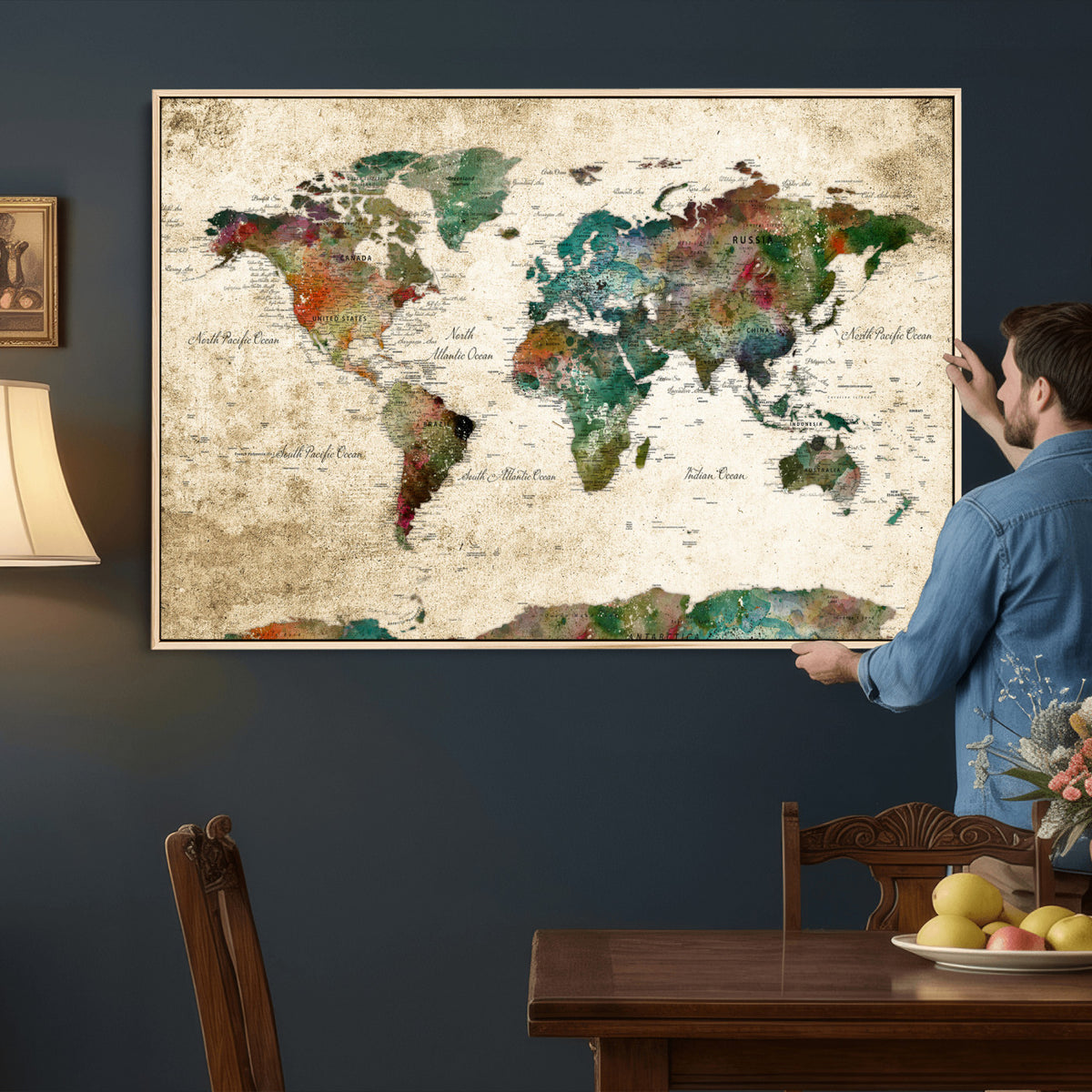 87544591-MGV-CV-36X24 - World Map Wall Art Canvas Print, Modern Decorative Framed Map Artwork Prints for Living Room, Office, Bedroom Wall Decor
