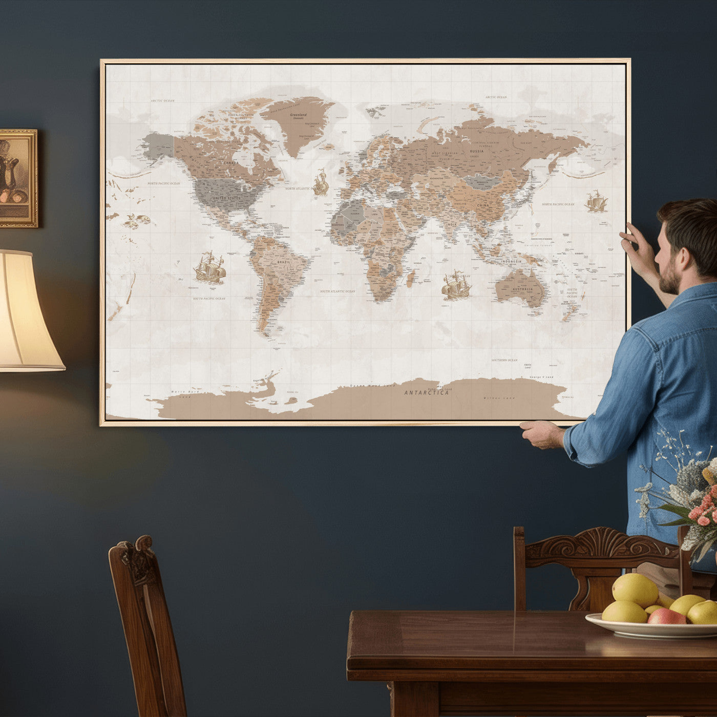 85057279-MGV-CV-36X24 - World Map Wall Art Canvas Print, Modern Decorative Framed Map Artwork Prints for Living Room, Office, Bedroom Wall Decor