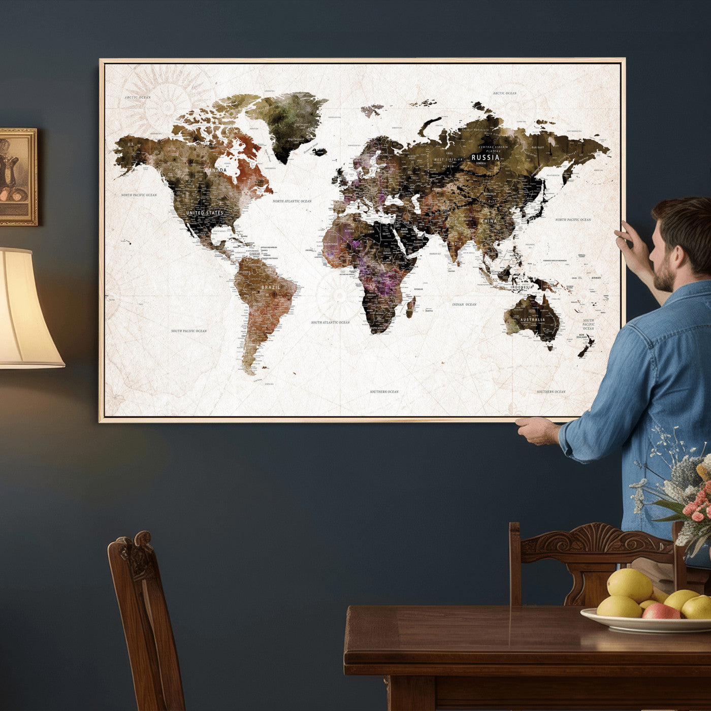 77651968-MGV-CV-36X24 - World Map Wall Art Canvas Print, Modern Decorative Framed Map Artwork Prints for Living Room, Office, Bedroom Wall Decor
