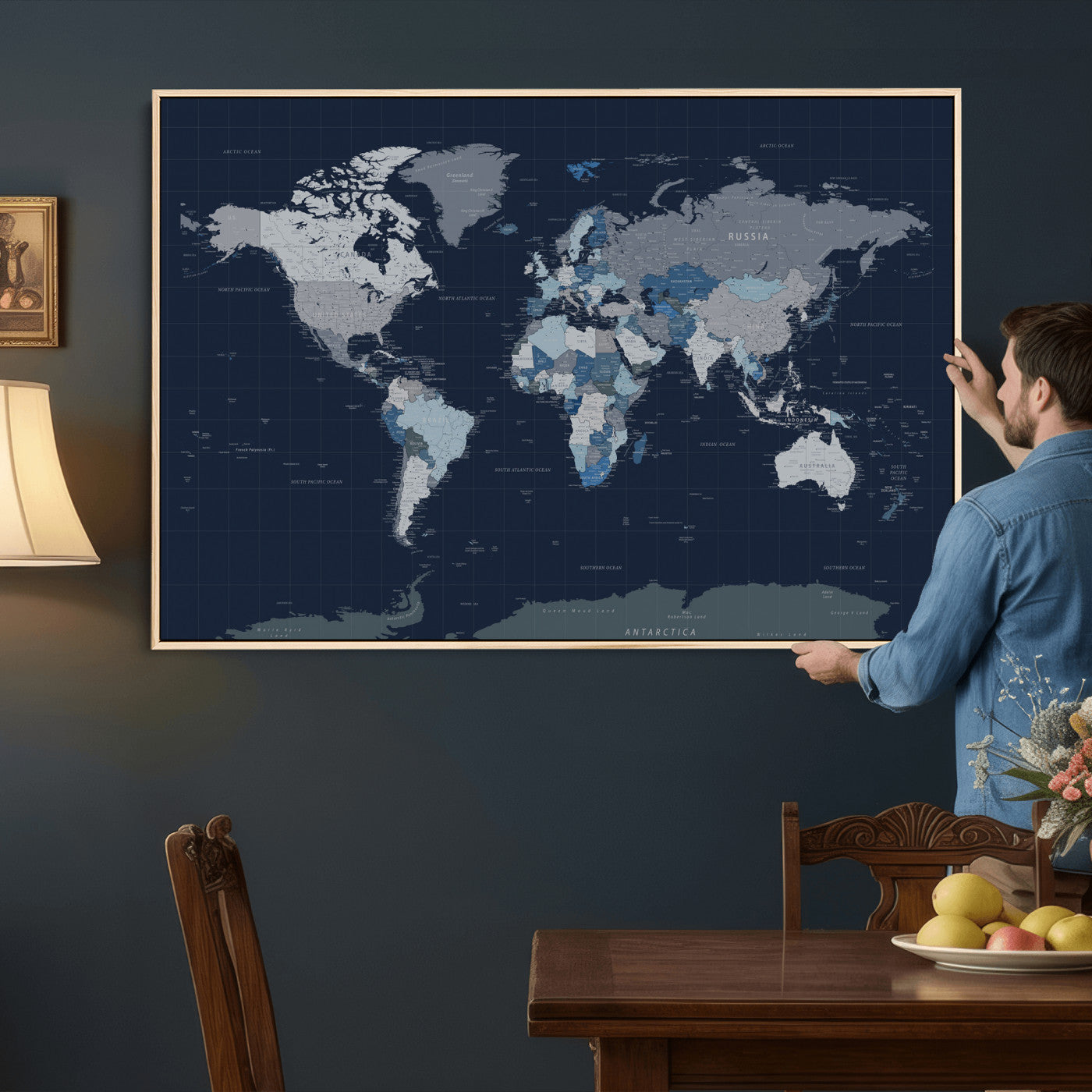17712680-MGV-CV-36X24 - World Map Wall Art Canvas Print, Modern Decorative Framed Map Artwork Prints for Living Room, Office, Bedroom Wall Decor